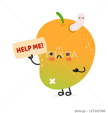 A cartoon Mango fruit character holding a help sign with a worm inside it, needing assistance. A cartoon Mango fruit character holding a help sign with a worm inside it, needing assistance. 125182580