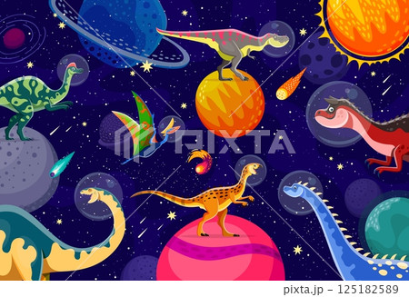 Dinosaur astronaut characters on alien space planets in galaxy, cartoon vector background. Funny prehistoric lizards in outer space, Jurassic dinosaur spaceman and lizard astronaut with planets in sky 125182589