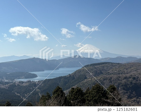 芦ノ湖スカイライン_大観山_ターンパイクから見た芦ノ湖と富士山 125182601
