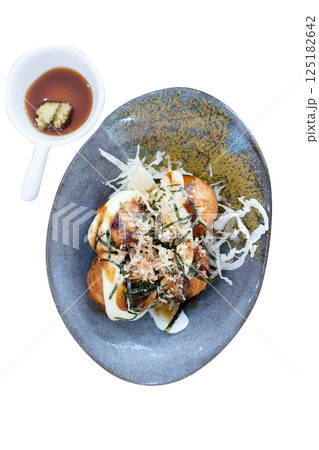 Top view of Takoyaki in a bowl, focus selective 125182642