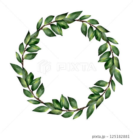 Round watercolor frame of rich green leaves and twigs of cheniki, blueberry. With space for text. Botanical illustration of nature, parts of tree. Isolated on a white background, hand drawn. For cards 125182881