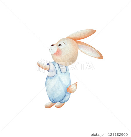 Happy baby bunny in blue overalls. Watercolor illustration, isolated on a white background. Hand drawn. For children's birthday, Easter, cards, banners, textiles Happy baby bunny in blue overalls. Watercolor illustration, isolated on a white background. Hand drawn. For children's birthday, Easter, cards, banners, textiles 125182900