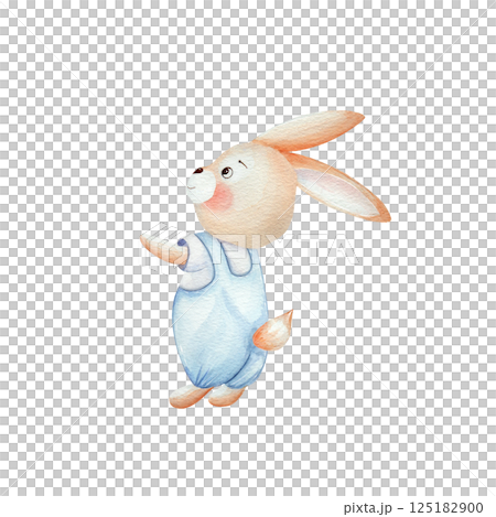 Happy baby bunny in blue overalls. Watercolor illustration, isolated on a white background. Hand drawn. For children's birthday, Easter, cards, banners, textiles Happy baby bunny in blue overalls. Watercolor illustration, isolated on a white background. Hand drawn. For children's birthday, Easter, cards, banners, textiles 125182900