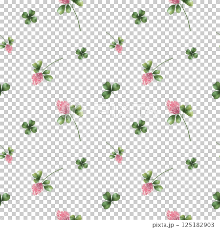 Seamless clover pattern with green leaves. Watercolor pattern, hand drawn, on a white background. Botanical illustration of field herbs and flowers. Meadow plants. For decor, wedding, cards, printing 125182903