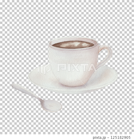 Watercolor illustration of a white cup of coffee on a saucer with a teaspoon. Isolated on a white background. Ideal for coffee lovers, food blogs, cafes, menus, restaurants. 125182905