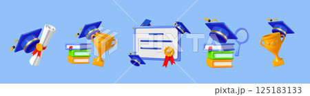 Awards, graduation icon vector set. Medal, certificate, trophy, graduation cap and magnifier books. 3d rendering elements. Awards, graduation icon vector set. Medal, certificate, trophy, graduation cap and magnifier books. 3d rendering elements. 125183133