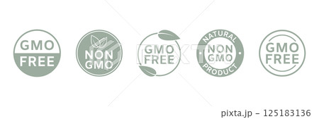 Non GMO badges in minimal style for product packaging, health food labels, and eco-friendly branding. Natural organic symbol design. Gmo free icon. Vector illustration Non GMO badges in minimal style for product packaging, health food labels, and eco-friendly branding. Natural organic symbol design. Gmo free icon. Vector illustration 125183136