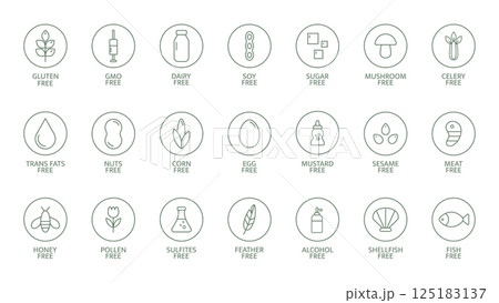 Allergen free food icon set. Gluten, dairy, soy, nut, and sugar free symbols. Clean line style for labels or packaging. Non gmo. Ecology badges. Vector illustration Allergen free food icon set. Gluten, dairy, soy, nut, and sugar free symbols. Clean line style for labels or packaging. Non gmo. Ecology badges. Vector illustration 125183137