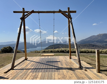 箱根のぶらんこ越しに眺める芦ノ湖と富士山 125183175