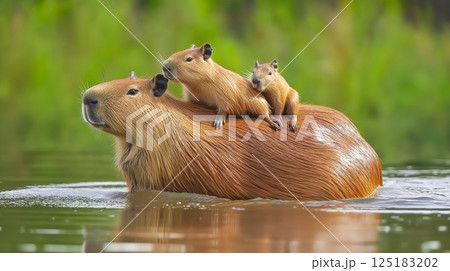 Capybara family enjoys a peaceful moment in the calm waters of a lush green habitat 125183202