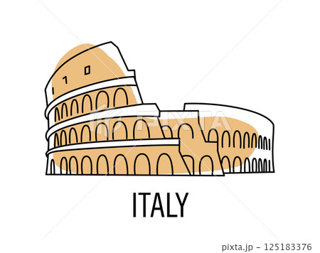 Hand Drawing of Coliseum, Colosseum illustration in Rome. Italy, Roman symbol for traveling, tourism, attractions, architecture poster, banner, card, souvenir. Doodle, Sketch, line art vector isolated 125183376