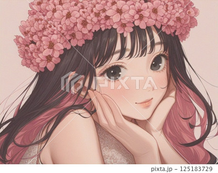 ピンクの花冠と笑顔の女性 125183729