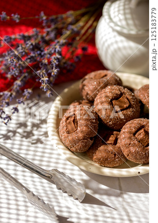 Coffee cookies with chocolate. Delicious homemade dessert. Coffee cookies with chocolate. Delicious homemade dessert. 125183779