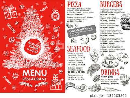 Christmas and New Year menu cafe. Template design. Hand drawn illustrations. 125183863