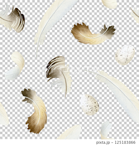 Simple falling feathers watercolor seamless pattern with white and brown goose chicken down. Cute hand drawn bird background for monochrome farm and Easter designs 125183866