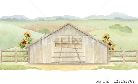 Farm landscape with chicken coop, roosting perch ladder, wooden fence and sunflowers watercolor illustration isolated on white. Rural henhouse with countryside fields for poultry yard designs 125183868