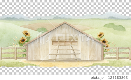Farm landscape with chicken coop, roosting perch ladder, wooden fence and sunflowers watercolor illustration isolated on white. Rural henhouse with countryside fields for poultry yard designs 125183868