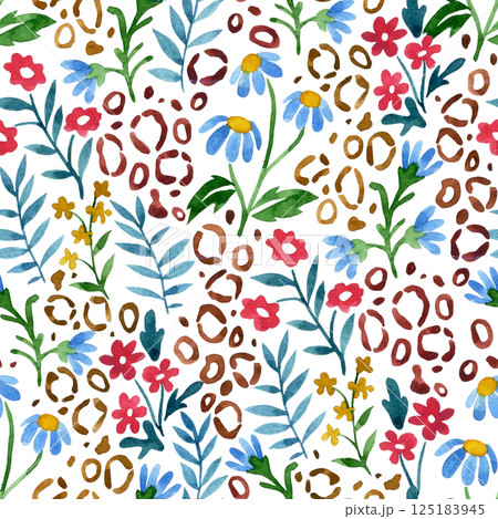 seamless pattern with flowers and animal print, eclecticism. watercolor print	 125183945