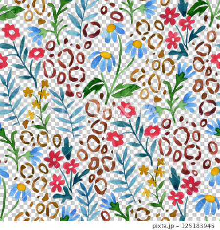 seamless pattern with flowers and animal print, eclecticism. watercolor print	 125183945