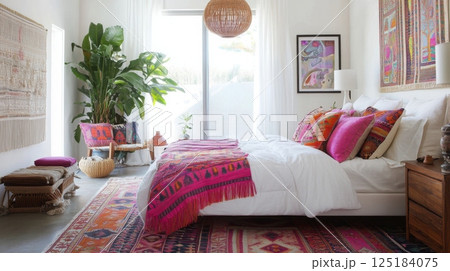 A bright and airy bedroom with white walls and white linens. A large plant stands in the corner, and a woven rug covers the floor. The bed is adorned with colorful pillows and a throw blanket. 125184075