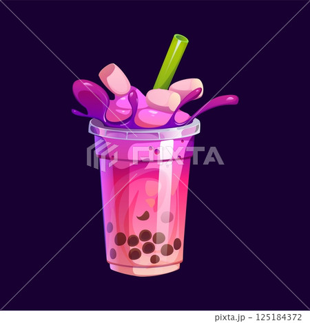 Cartoon milk bubble tea glass. Vector vibrant purple and pink drink with tapioca boba pearls in a transparent plastic cup, topped with a green straw, marshmallows and splashes of sweet liquid beverage 125184372