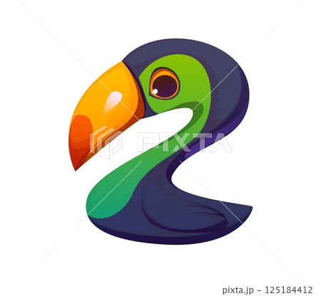 Cartoon math number two as tropical toucan bird, kids animal alphabet character, funny zoo mascot font. Vector digit 2 children typeface, funny type. cute abc for fun education and counting learning 125184412
