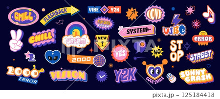 Retro y2k stickers groovy patch icon labels set with bold colors and nostalgic motifs like rainbows, peace signs, smile faces, and quirky text. Vector patches for youth, pop culture, exude upbeat vibe Retro y2k stickers groovy patch icon labels set with bold colors and nostalgic motifs like rainbows, peace signs, smile faces, and quirky text. Vector patches for youth, pop culture, exude upbeat vibe 125184418