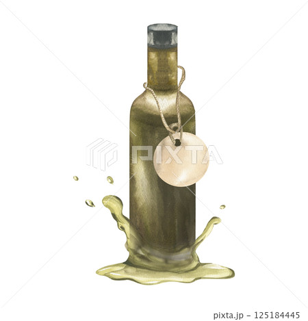 Glass dark oil bottle with hanging paper tag in olive oil puddle splash watercolor illustration.Hand drawn isolated transparent jar for liquid,salad dressing clipart for label,logo,poster design Glass dark oil bottle with hanging paper tag in olive oil puddle splash watercolor illustration.Hand drawn isolated transparent jar for liquid,salad dressing clipart for label,logo,poster design 125184445
