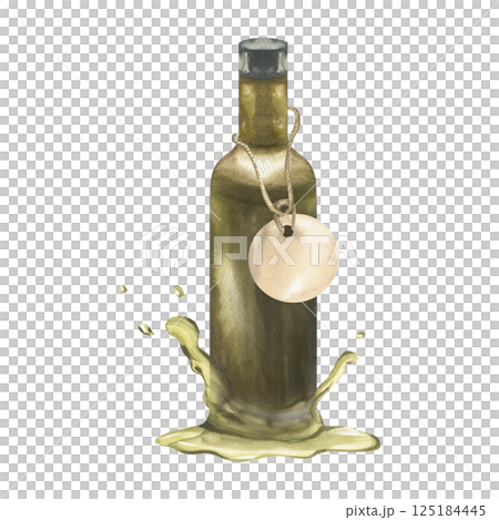 Glass dark oil bottle with hanging paper tag in olive oil puddle splash watercolor illustration.Hand drawn isolated transparent jar for liquid,salad dressing clipart for label,logo,poster design Glass dark oil bottle with hanging paper tag in olive oil puddle splash watercolor illustration.Hand drawn isolated transparent jar for liquid,salad dressing clipart for label,logo,poster design 125184445