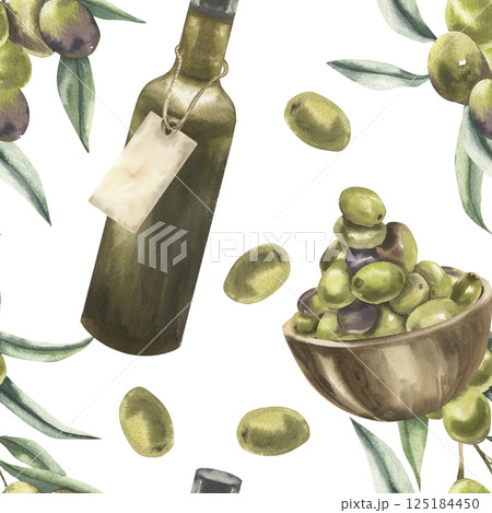 Vegan Greek food seamless pattern with olives bunch, olive fruits and green glass oil bottle illustration. Hand drawn floral green background with vegetables and salad condiment clipart for packing 125184450