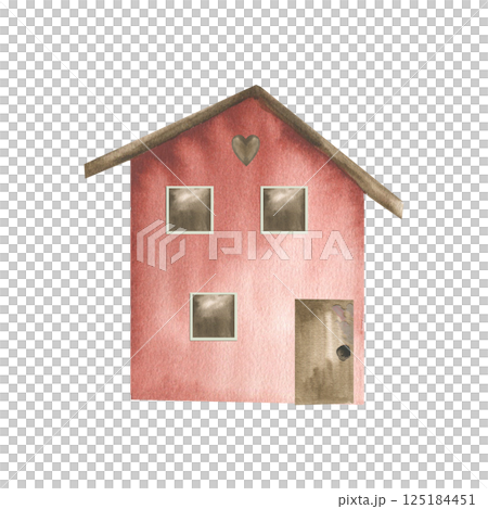 Tiny Scandinavian red house facade watercolor illustration.Hand drawn isolated wooden building clipart, northern fishing camp painting for card, poster, invitation design 125184451
