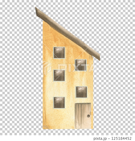 Yellow stone block house with roof,windows and door watercolor illustration.Hand drawn summer building in southern style, old Italy apartment,european style cottage for interior sticker,poster design 125184452