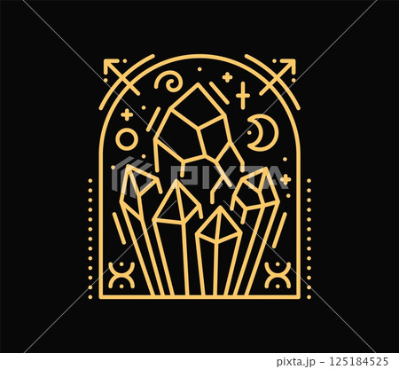 Mystic elegant esoteric crystals symbol or tattoo. Fantasy Boho vector print, golden celestial Y2K symbol. Yellow mystic elegant sign or linear esoteric magic tattoo with arrow, stars, crescent 125184525