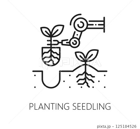Robot smart farm icon, agriculture technology, linear vector sign of a robotic arm planting a seedling into soil, symbolizing futuristic farming, innovation growth and eco friendly automation process 125184526