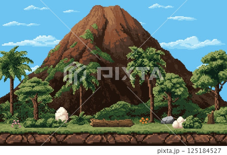8 bit pixel art game background with dinosaur eggs on a jungle landscape with palm trees, rocks, flowers and volcano mountain under a blue sky. Vector layout for platformer or adventure video games 8 bit pixel art game background with dinosaur eggs on a jungle landscape with palm trees, rocks, flowers and volcano mountain under a blue sky. Vector layout for platformer or adventure video games 125184527