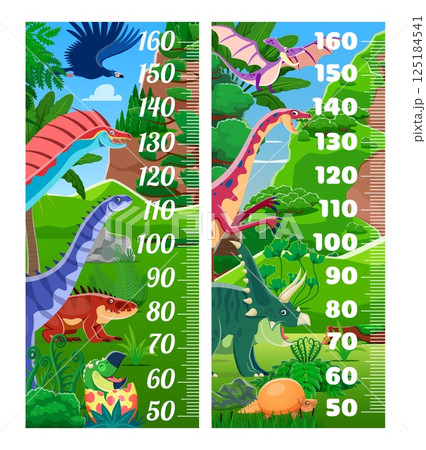 Kids height chart ruler with dinosaurs and reptiles. Children height vector measure ruler, kids height chart with argentavis, hypselosaurus, amargasaurus and shansisuchus, chasmosaurus, anchisaurus 125184541