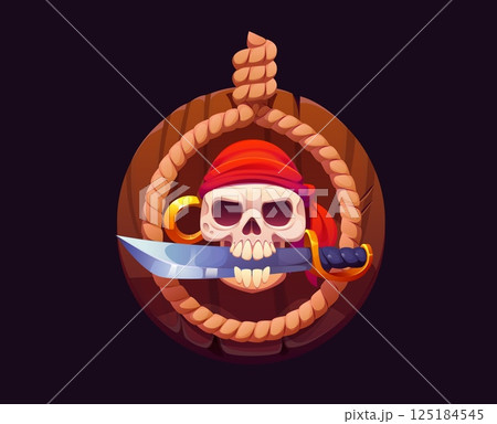 Heraldic pirate skull on the gallows with saber in teeth, embodies spirit of piracy, adventure and high seas. Cartoon vector nautical emblem with fierce pirate skull in red bandana biting curved sword 125184545