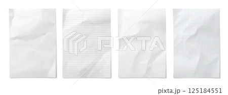 Crumbled folded wrinkle paper sheets. Set of realistic 3d vector blank, lined and graph paper types feature natural wrinkles and folds. Templates for design mockups, stationery presentation, scrapbook 125184551