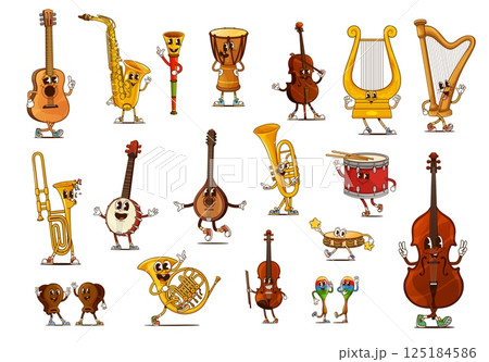Groovy musical instruments characters. Cartoon vector trumpet, lyre, harp, tuba and maracas, tambourine, double bass, trombone and banjo. French horn, guitar, drum, castanets and violin with flute Groovy musical instruments characters. Cartoon vector trumpet, lyre, harp, tuba and maracas, tambourine, double bass, trombone and banjo. French horn, guitar, drum, castanets and violin with flute 125184586