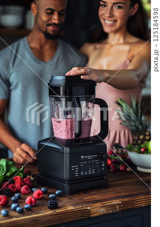 Handsome Young couple are making a smoothie in the kitchen. Happy couple are preparing healthy organic beverage. Laughter fills the kitchen as they blend their smoothie. 125184598