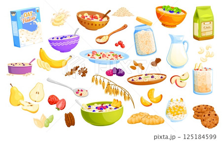 Cartoon oatmeal food. Vector set of oatmeal dishes, fresh ingredients, fruits, nuts, and dairy. Bowls of porridge, oat flakes, smoothies and cookies for promoting healthy breakfast and vegan foods 125184599