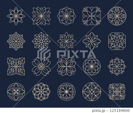 Outline ornate flower icons, symmetrical floral signs or mandala symbols varies in petal shape and geometric complexity. Vector set of sacral geometry emblems for luxury, spa, esoteric or boho brands 125184600