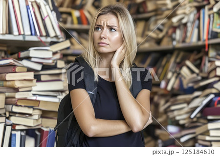 Pensive female student with backpack in a library. A thoughtful female student in the library takes a moment to gather her thoughts, her backpack nearby for support. 125184610