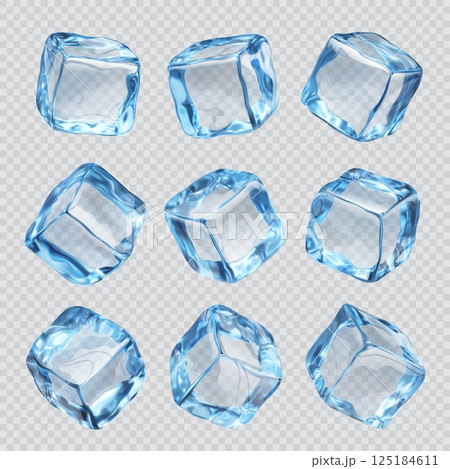 Isolated ice cubes. Realistic crystal ice blocks on transparent background. 3d vector set of blue glass, icy pieces for drink cooling, clean square blocks, frozen water for drink or cocktail beverages 125184611