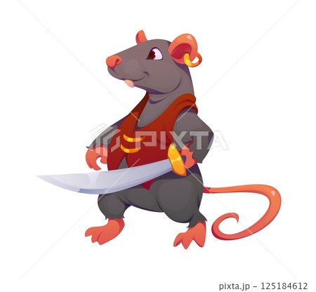 Cartoon rat animal pirate captain and corsair sailor character wearing red vest and golden earring, holds a curved cutlass and standing confidently with a curled tail. Vector mischievous rat rover 125184612