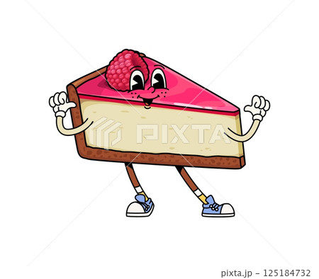 Groovy fast food cake character. Isolated cartoon vector retro confectionery personage. Funny hippie dessert, sweets slice of cheesecake topped with fresh raspberry and pink glaze, wearing sneakers Groovy fast food cake character. Isolated cartoon vector retro confectionery personage. Funny hippie dessert, sweets slice of cheesecake topped with fresh raspberry and pink glaze, wearing sneakers 125184732
