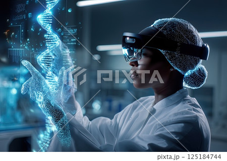 Female scientist wearing an AR headset interacting with a holographic DNA structure. Wearing an AR headset, the scientist explores a detailed DNA model, showcasing modern scientific innovation. 125184744