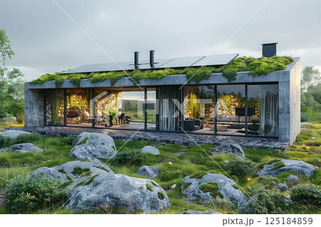 A small eco-friendly cozy house immersed in greenery. Serenity unfolds in this small, cozy house, surrounded by a vibrant tapestry of greenery. 125184859