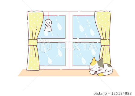 雨の日に窓辺で寝ているかわいい猫のベクターイラスト 125184988