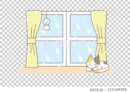 Vector illustration of a cute cat sleeping on a windowsill on a rainy day 125184988